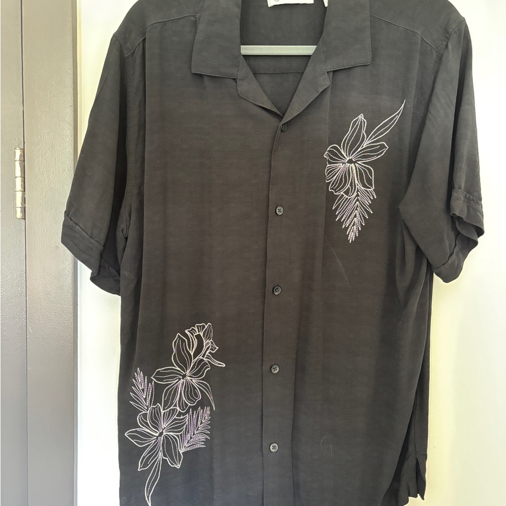 Cubavera Charcoal Shirt with Floral Embroidery